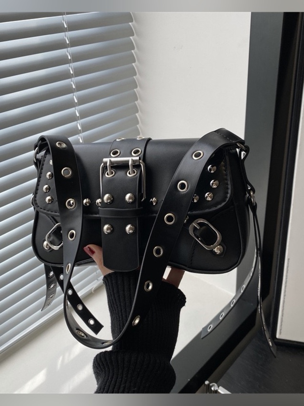Chocolate Brown Studded Leather Shoulder Bag with Buckle Strap Plus rivet glasse